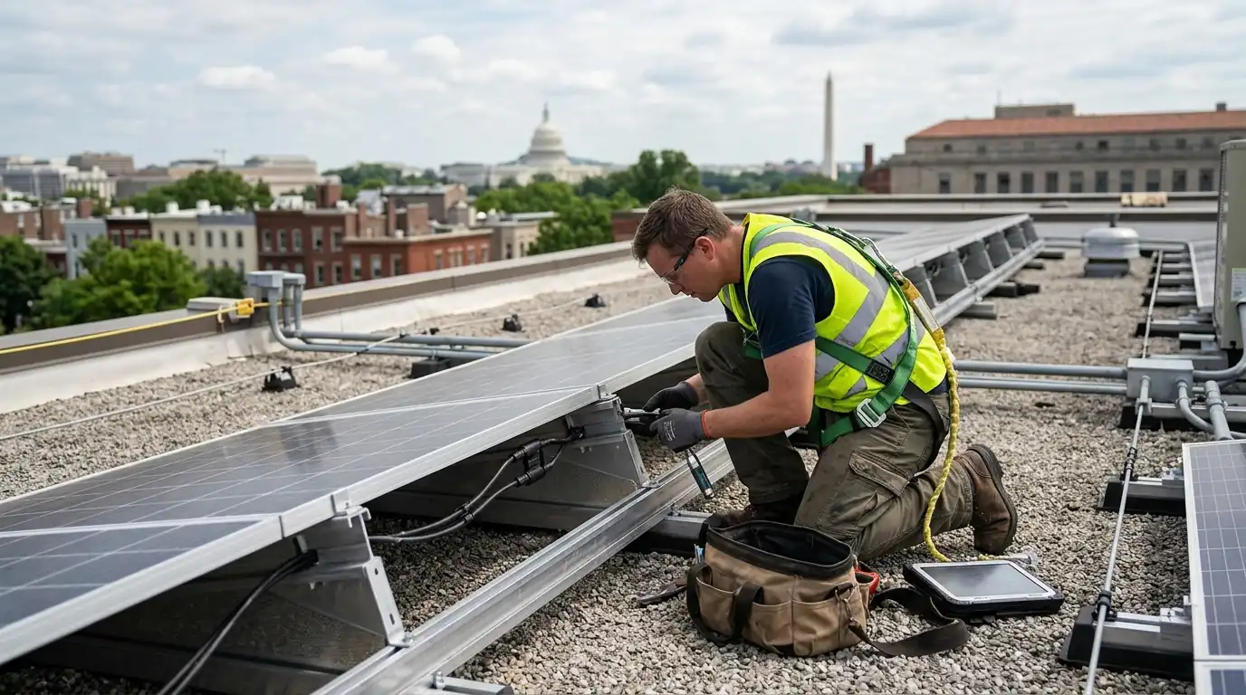 Technician checking panel connectors during an annual maintenance visit