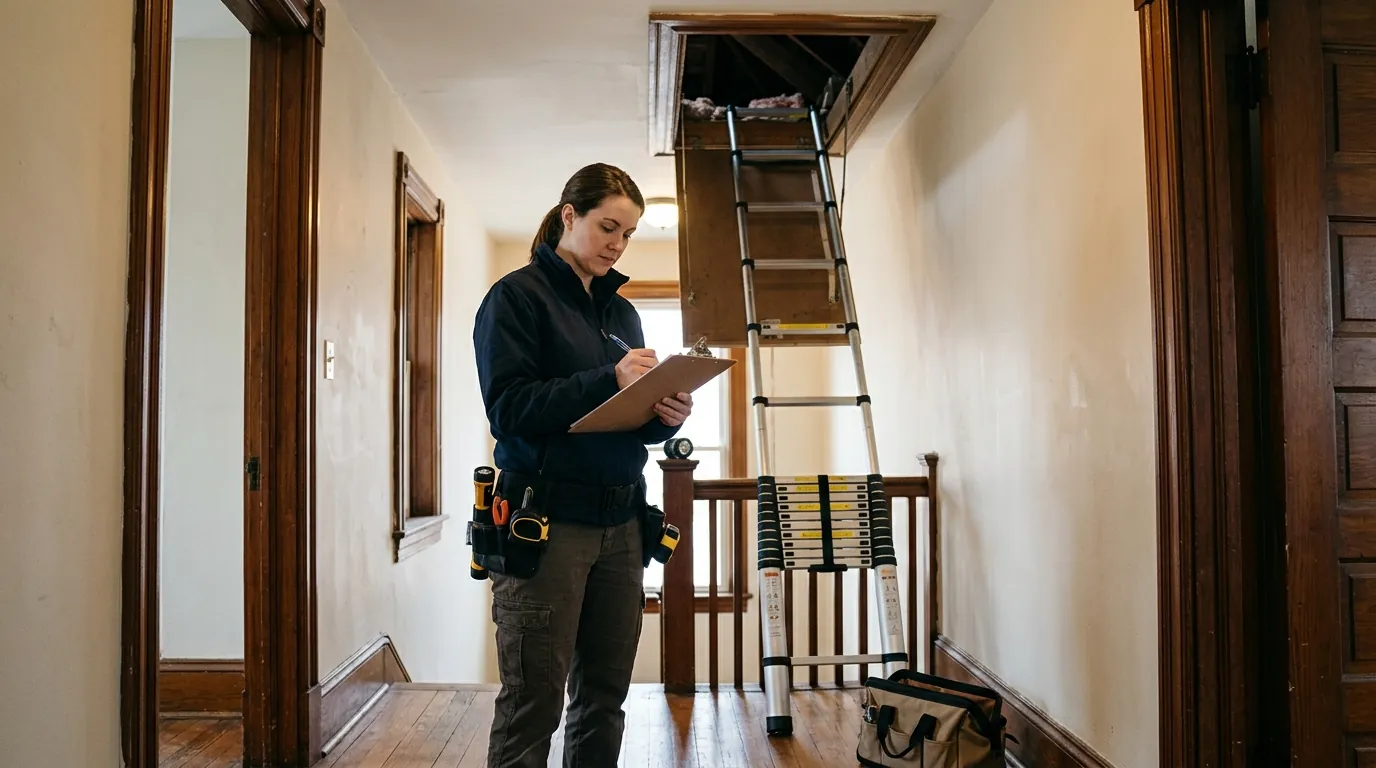 Auditor taking notes beside an open attic hatch during an energy audit