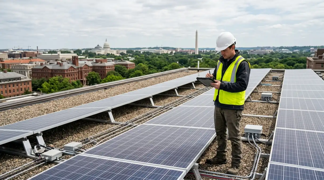 Technician writing a solar inspection report on a tablet