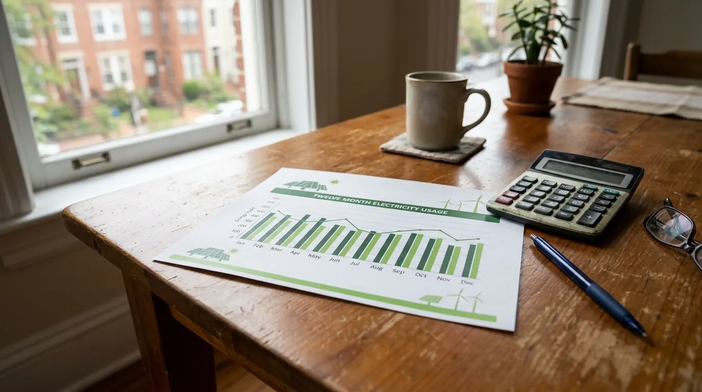 Twelve-month electricity usage chart reviewed on a dining table