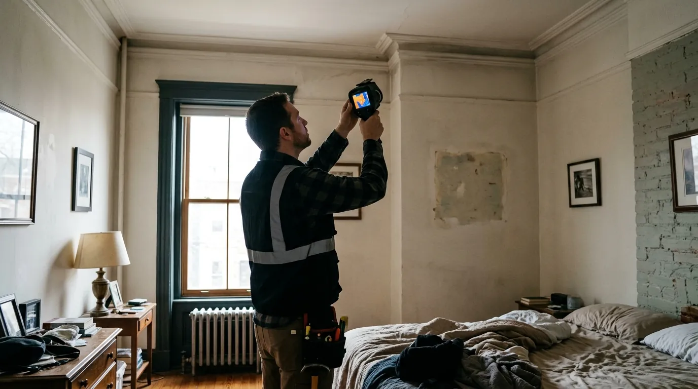 Energy auditor scanning a rowhouse ceiling with a thermal camera in Washington, DC