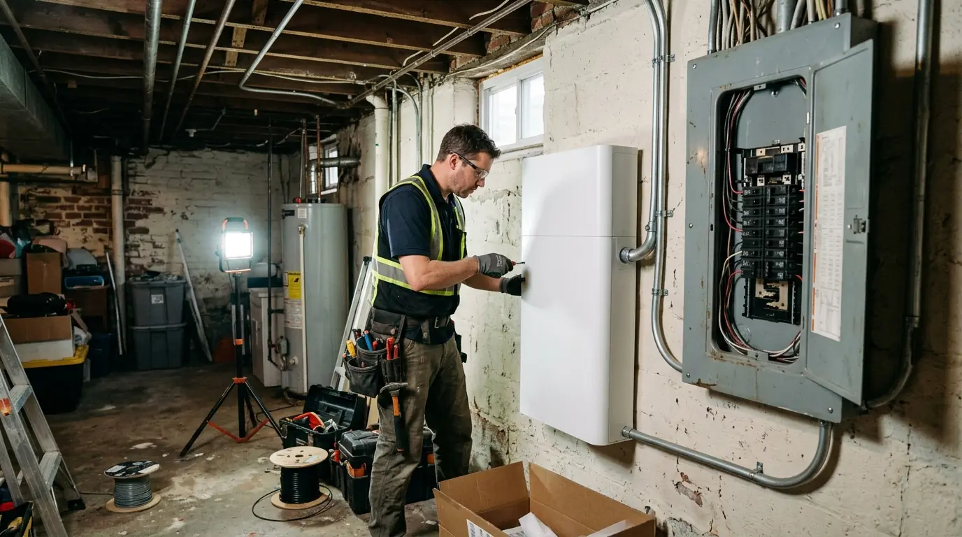 Electrician installing a home battery in a Washington, DC basement