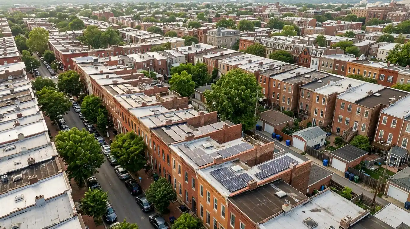 Rowhouse rooftops with solar arrays across a Washington, DC neighborhood