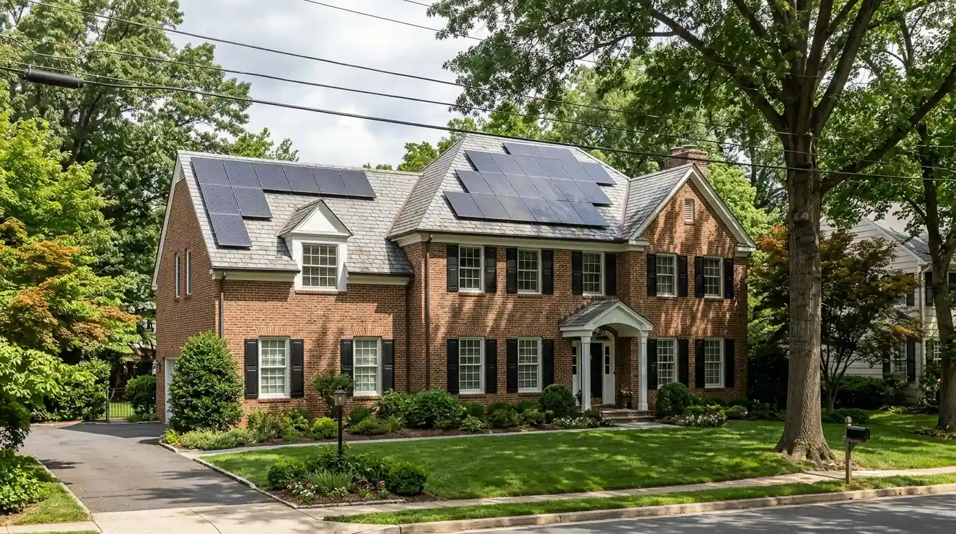 Solar panels on a brick colonial house in Bethesda