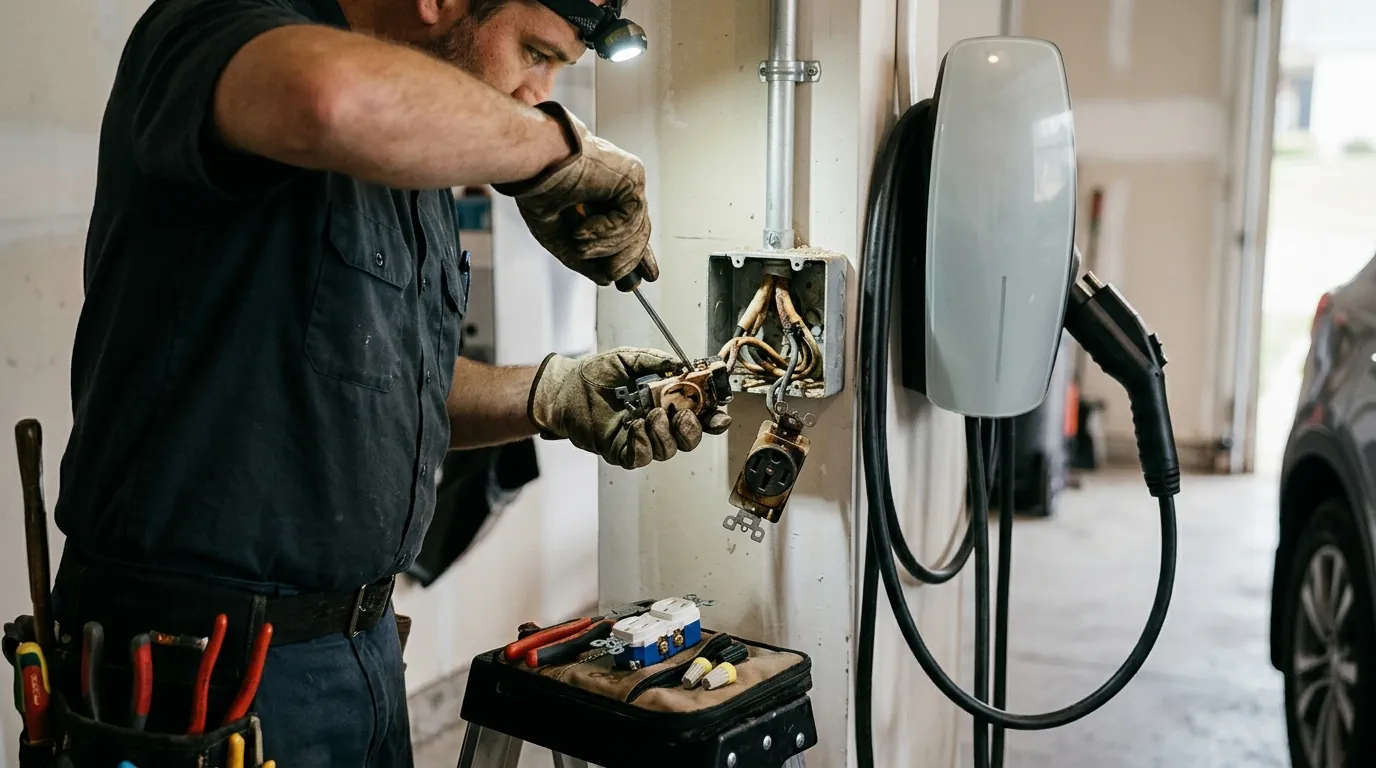 Electrician replacing a heat-damaged EV charger receptacle