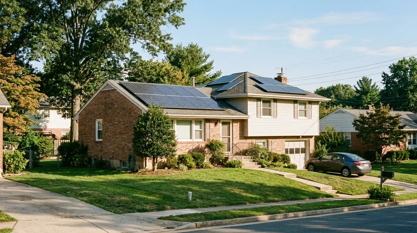 Solar panels on a split-level brick house in Rockville