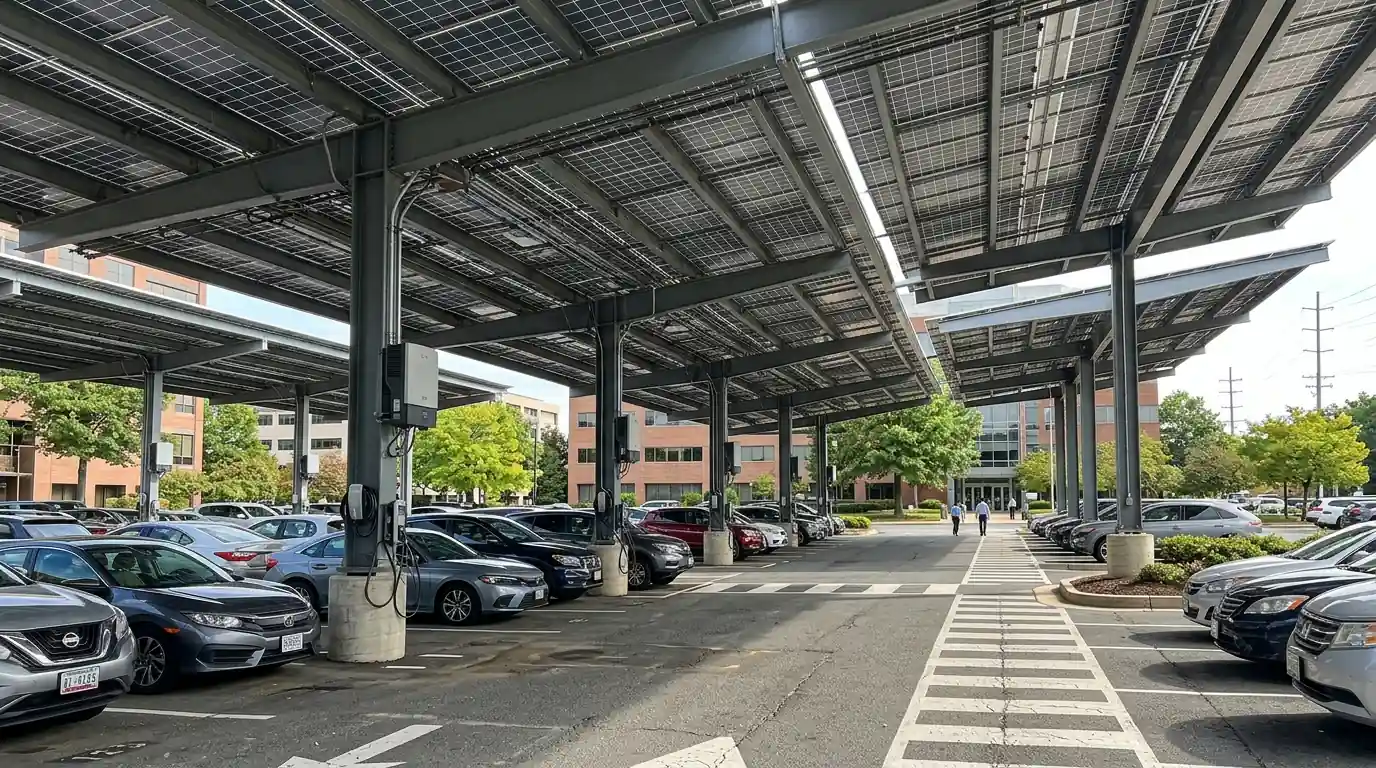 Solar carport canopy over parked cars at an office lot in Washington, DC