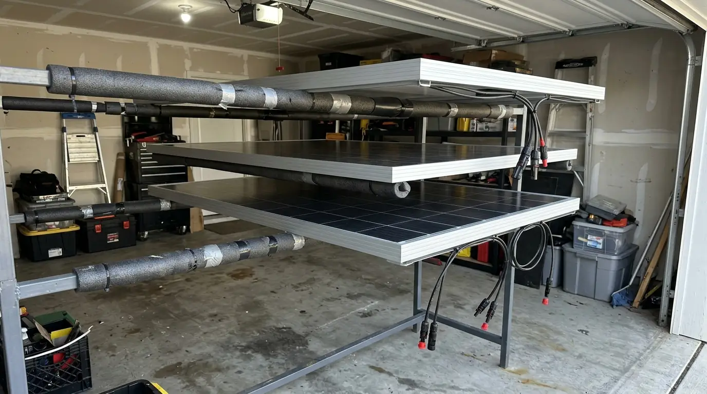 Solar panels stored flat on padded racks in a garage