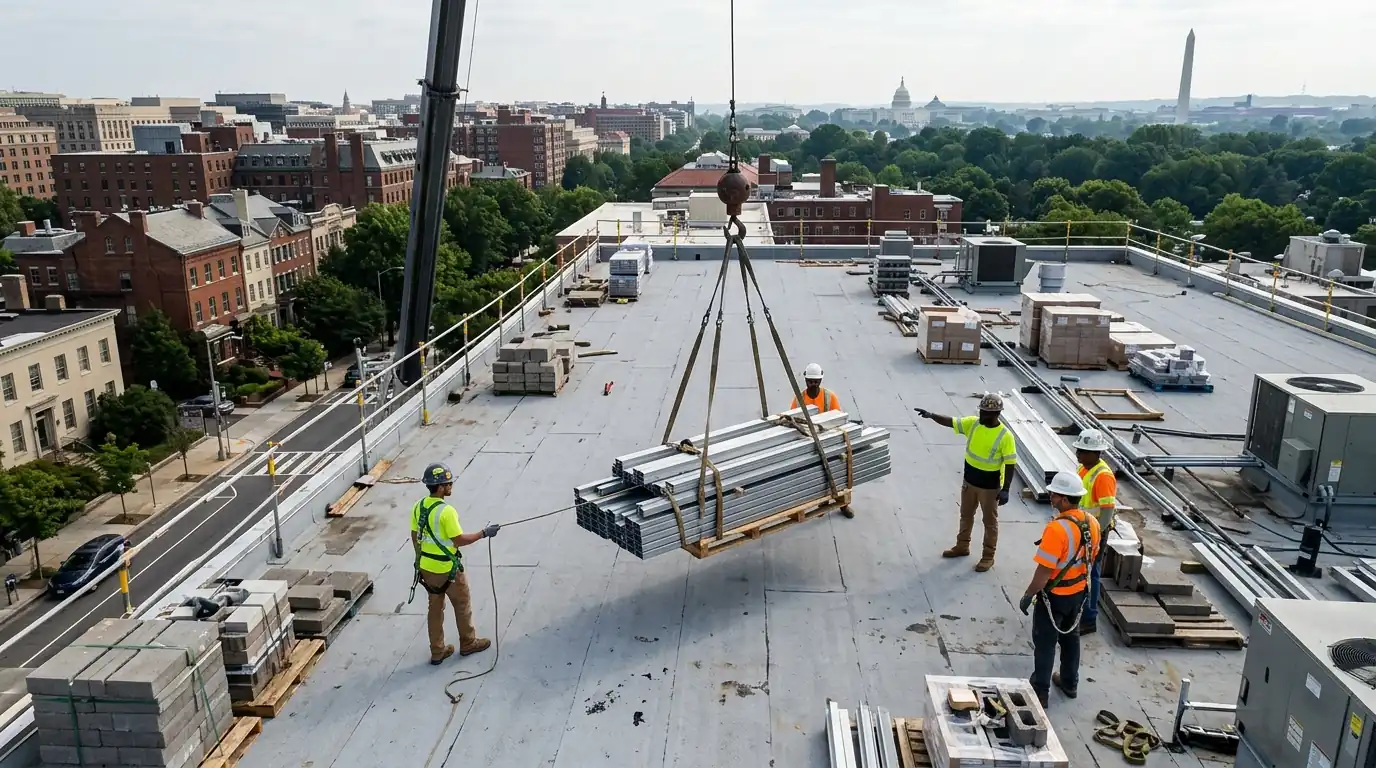 Crew moving racking materials onto a commercial roof by crane