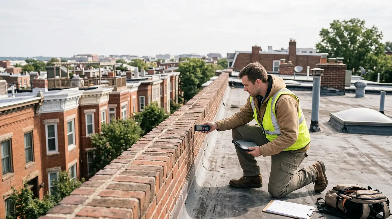 Solar designer measuring a rowhouse roof in Washington, DC