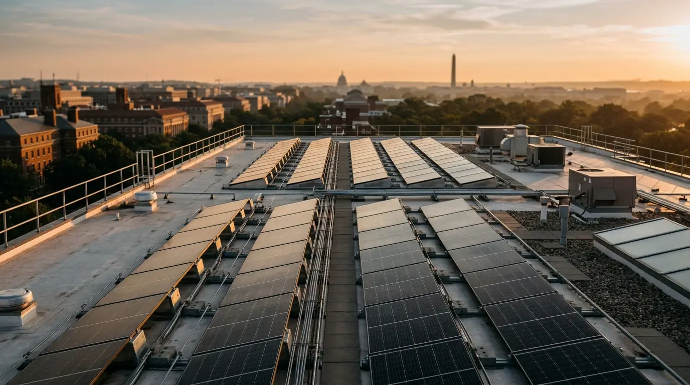 Rows of black solar panels on a Washington, DC rooftop at golden hour