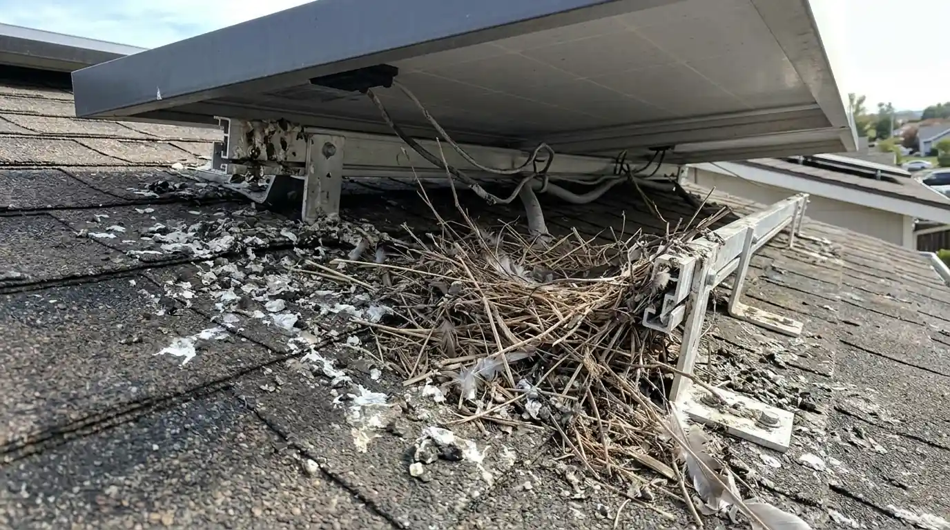 Pigeon nest and droppings found under a rooftop solar panel