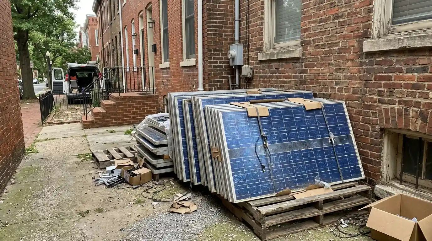 Removed older solar panels stacked for recycling