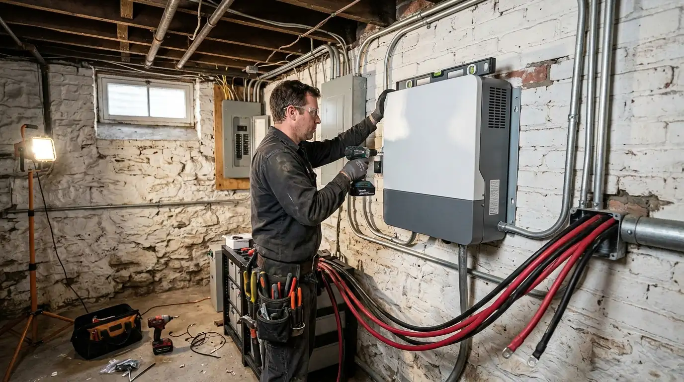 Electrician mounting a hybrid inverter for a battery retrofit