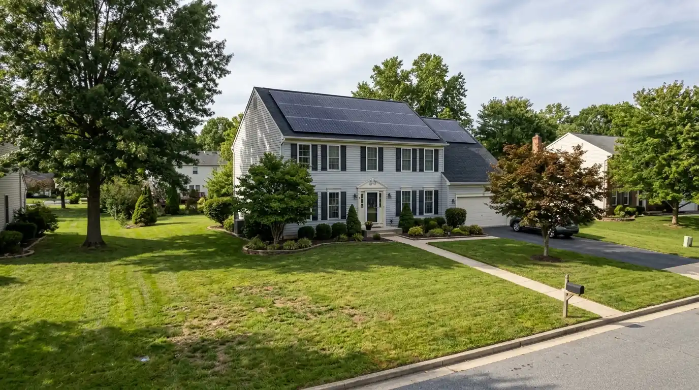 Solar array on a two-story colonial house in Bowie