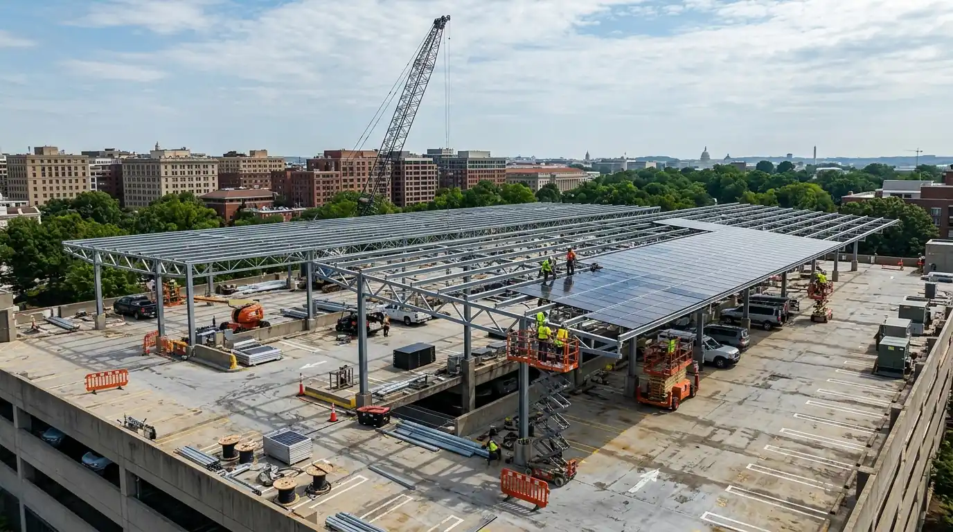 Solar canopy going up on the top deck of a DC parking garage