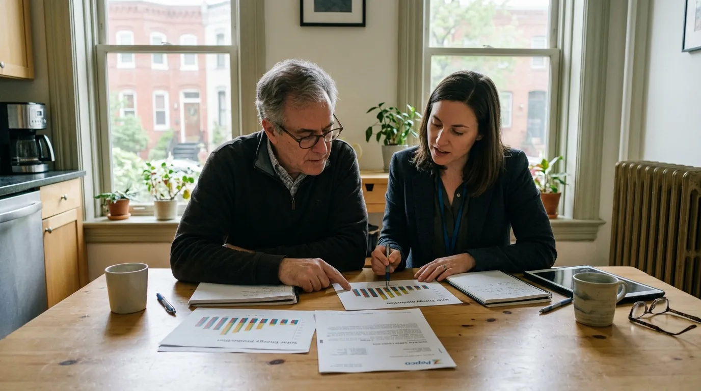 Reviewing solar production records and Pepco paperwork at a kitchen table in Washington, DC