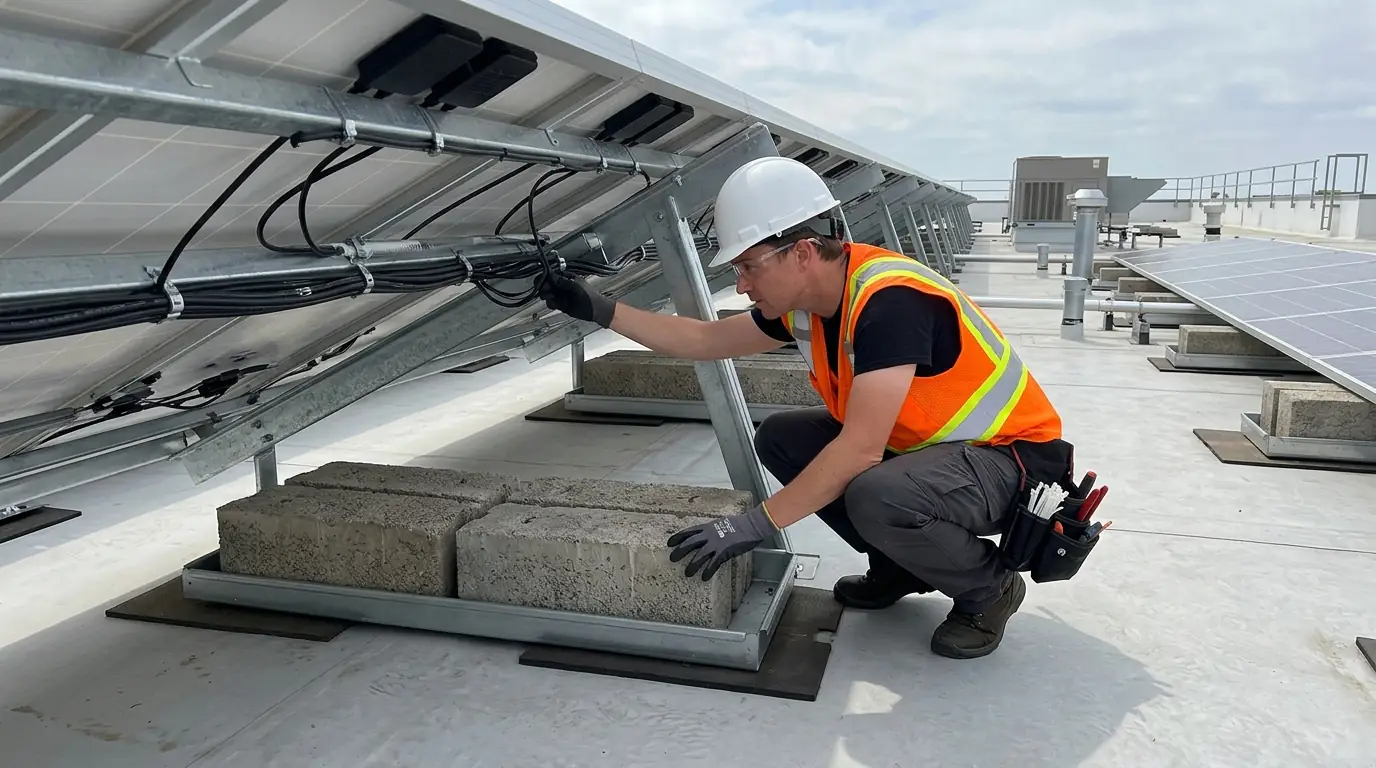 Technician checking ballast and wire management under commercial racks