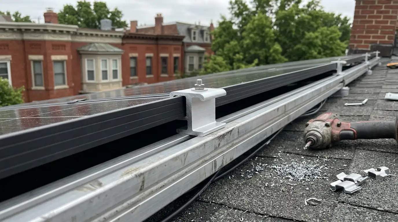 Racking rails and new clamps during a solar panel upgrade