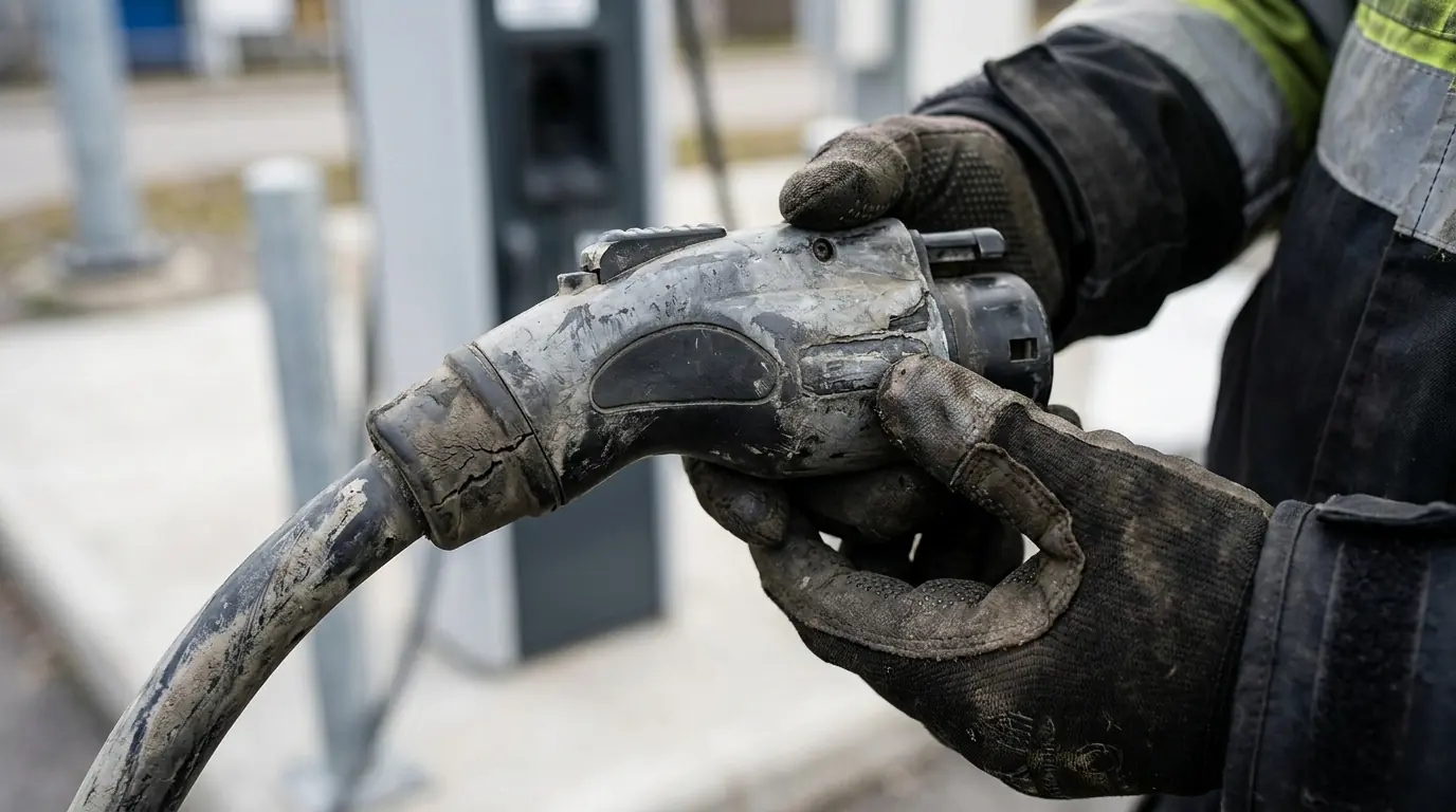 Technician inspecting a worn EV charging connector